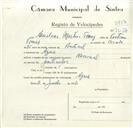 Registo de velocípede de marca Nacional, com o nº 9037, em nome de Amílcar Martins Tomás, morador em Azoia.
