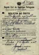 Boletim de óbito de Leonor Isabel, moradora em Janas, sepultada no coval nº 7243, do cemitério de S. Marçal.