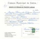 Registo de um veiculo de duas rodas tirado por um animal de espécie asinina destinado a transporte de mercadorias em nome de Emídio Pedroso dos Santos, morador no Casal dos Talhões.