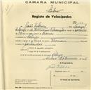 Registo de velocípede de marca Toman, com o nº 172, em nome de João Esteves, morador em Sabugo.