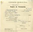 Registo de velocípede com o nº 3336, em nome de João Jacinto Júnior, morador em Tojeira.