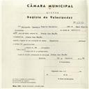 Registo de velocípede de marca Caravela, com o nº 4484, em nome de Fernando Laranjo Duarte Carvalho, morador em Praia das Maçãs.