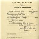 Registo de velocípede de marca Lúcifer, com o nº 2950, em nome de José Francisco Gomes, morador em Rio de Mouro.