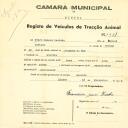 Registo de um veiculo de duas rodas tirado por dois animais de espécie bovina destinado a transporte de mercadorias em nome de Pedro Manuel Caetano, morador em Gouveia.