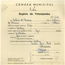 Registo de velocípede de marca Azur, com o nº 4186, em nome de Avelino de Oliveira, morador em Queluz.