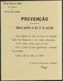 Relação de um objeto perdido emitida pela polícia civil de Lisboa.