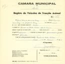 Registo de um veiculo de duas rodas tirado por um animal de espécie asinina destinado a transporte de mercadorias em nome de Raul Dias de Almeida Brás, morador na Quinta de Entre Vinhas em Rio de Mouro.