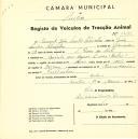 Registo de um veiculo de duas rodas tirado por dois animais de espécie bovina destinado a transporte de mercadorias em nome de Manuel João Santos Lobrinho, morador na Quinta das Águas Livres, Belas.