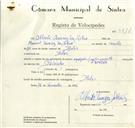 Registo de velocípede de marca Cuciolo, com o nº 9414, em nome de Alberto Anariz da Silva morador em Belas.