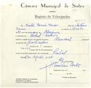 Registo de velocípede de marca Nacional, com o nº 9205, em nome de Heitor Correia Nunes, morador em Pinhal da Nazaré, Colares.