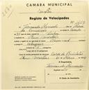 Registo de velocípede de marca Nacional, com o nº 1459, em nome de Fernando Moncado, morador em Mem Martins.