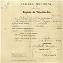 Registo de velocípede com o nº 2798, em nome de Alberto Duarte Marques, morador em Sintra.