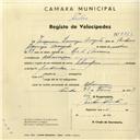 Registo de velocípede de marca  Champion, com o nº 2873, em nome de Joaquim Domingos Morgado, morador em Albarraque.