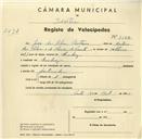 Registo de velocípede com o nº 3302, em nome de João da Silva Caetano, morador em Queluz.