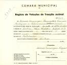 Registo de um veiculo de duas rodas tirado por um animal de espécie muar destinado a transporte de mercadorias em nome de Ulisses Domingos Prazeres, morador na Av. Heliodoro Salgado, Sintra.