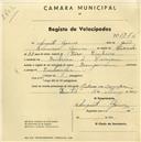 Registo de velocípede com o nº 1376, em nome de Augusto Gomes, morador em Ribeira de Carenque.