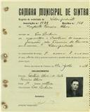 Registo de matricula de velocipedista em nome de Batista Ferreira Alves, morador em Pero Pinheiro, com o nº de inscrição 1544.