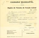 Registo de um veiculo de duas rodas tirado por dois animais de espécie asinina destinado a transporte de mercadorias em nome de Domingos Justino Patrão, morador em Alcolombal.