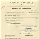 Registo de velocípede de marca Socol, com o nº 5065, em nome de António Gualdino dos Santos Melo, morador em Agualva.