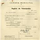 Registo de velocípede de marca Humber, com o nº 3910, em nome de Margaret Hartt, moradora em  Queluz.