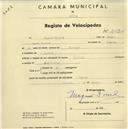 Registo de velocípede de marca Raleigh, com o nº 2034, em nome de Magnus Foreid, morador em Queluz.