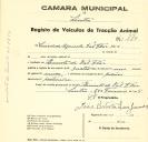 Registo de um veiculo de duas rodas tirado por um animal de espécie muar destinado a transporte de mercadorias em nome de Sociedade Agrícola de Val Flor, sediada na Quinta de Vale Flor.