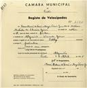 Registo de velocípede de marca Saltley, com o nº 1590, em nome de Teresa Maria de Faria e Maya Pereira Gomes, moradora em Algueirão.