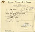 Registo de velocípede de marca FBM, com o nº 9998, em nome de Vítor José Névoa, morador em Rua José Antunes dos Santos, Sintra.