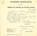 Registo de um veiculo de duas rodas tirado por dois animais de espécie asinina destinado a transporte de mercadorias em nome de Maximiano Cardoso, morador em Vila Verde.