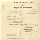 Registo de velocípede de marca Garin, com o nº 3053, em nome de Álvaro Gaspar Rodrigues, morador em Linhó.
