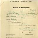 Registo de velocípede com o nº 1054, em nome de Manuel Joaquim da Silva, morador em Codiceira.