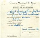 Registo de velocípede de marca Nacional, com o nº 9343, em nome de Fernando Bernardino Alves, morador em Colares.