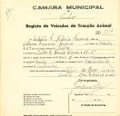 Registo de um veiculo de duas rodas tirado por dois animais de espécie cavalar destinado a transporte de mercadorias em nome de António Francisco Ribeiro Ferreira, morador na Rua Barata Salgueiro, nº 28 em Lisboa.