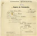 Registo de velocípede com o nº 606, em nome de Júlio Nunes Torres, morador em Colares.