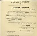 Registo de velocípede de marca Olga, com o nº 1043, em nome de António Lopes Machado, morador em Terrugem.