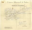 Registo de velocípede de marca VN-Vitória, com o nº 10131, em nome de Vítor José Névoa, morador em Rua José Antunes dos Santos, Sintra.