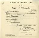 Registo de velocípede com o nº 3519, em nome de Fernando Filipe, morador em Albarraque.