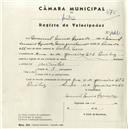 Registo de velocípede com o nº 4481, em nome de Manuel Nunes Azevedo, morador em Rua 31 de Janeiro, nº 4, Queluz.