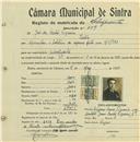 Registo de matricula de velocipedista em nome de José dos Santos Figueira, morador em Sintra, com o nº de inscrição 739.