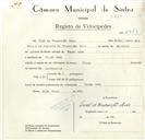 Registo de velocípede de marca Pires, com o nº 8949, em nome de Tomé da Conceição Reis, morador em Venda Seca.
