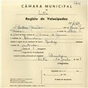Registo de velocípede com o nº 4249, em nome de António Tavares, morador em Abrunheira.