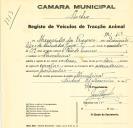 Registo de um veiculo de duas rodas tirado por dois animais de espécie cavalar destinado a transporte de mercadorias em nome de Margarida dos Prazeres, morador na Abrunheira.