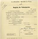 Registo de velocípede de marca Helios, com o nº 2396, em nome de José Roque Rodrigues, morador em Cacém de Cima.