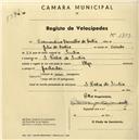Registo de velocípede de marca Olga, com o nº 1709, em nome de Diamantino Carvalho de Castro, morador em S. Pedro de Sintra.