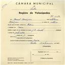 Registo de velocípede com o nº 4072, em nome de Manuel Henriques, morador em Cacém.