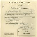 Registo de velocípede com o nº 3993, em nome de Júlio Francisco José, morador em Sintra.