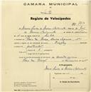 Registo de velocípede de marca Dingley, com o nº 1753, em nome de Maria Luísa de Morais Sarmento, moradora em Praia das Maçãs.