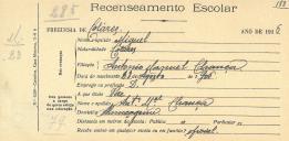 Recenseamento escolar de Miguel Chança, filha de António Manuel Chança, morador em Almoçageme.