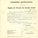 Registo de um veiculo de duas rodas tirado por dois animais de espécie bovina destinado a transporte de mercadorias em nome de Carlos Augusto Barral Filipe de Brito, morador em Meleças,Tala.