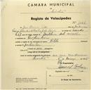 Registo de velocípede de marca Vilela, com o nº 1046, em nome de José Maria Pais, morador em Pero Pinheiro.